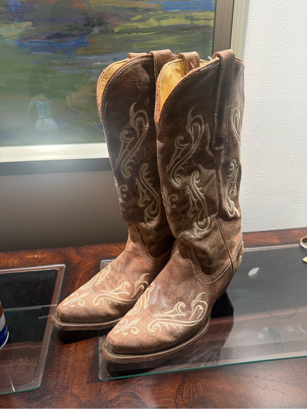 Brown Suede Embroidered Cowboy Boots